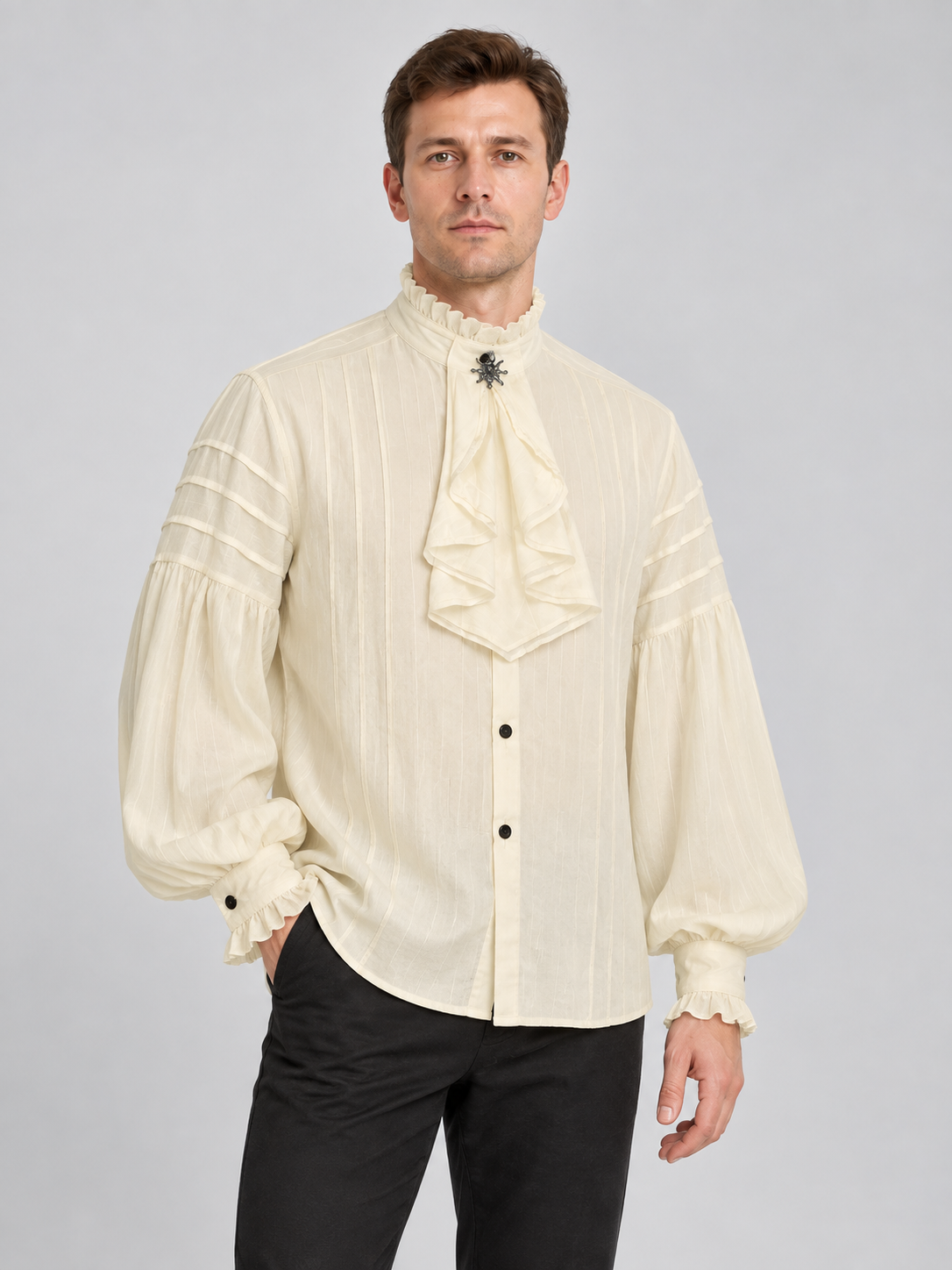 Beige Striped Button-Down Shirt with Jabot and Ruffles