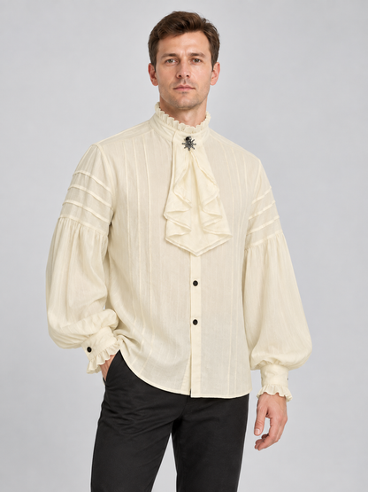 Beige Striped Button-Down Shirt with Jabot and Ruffles