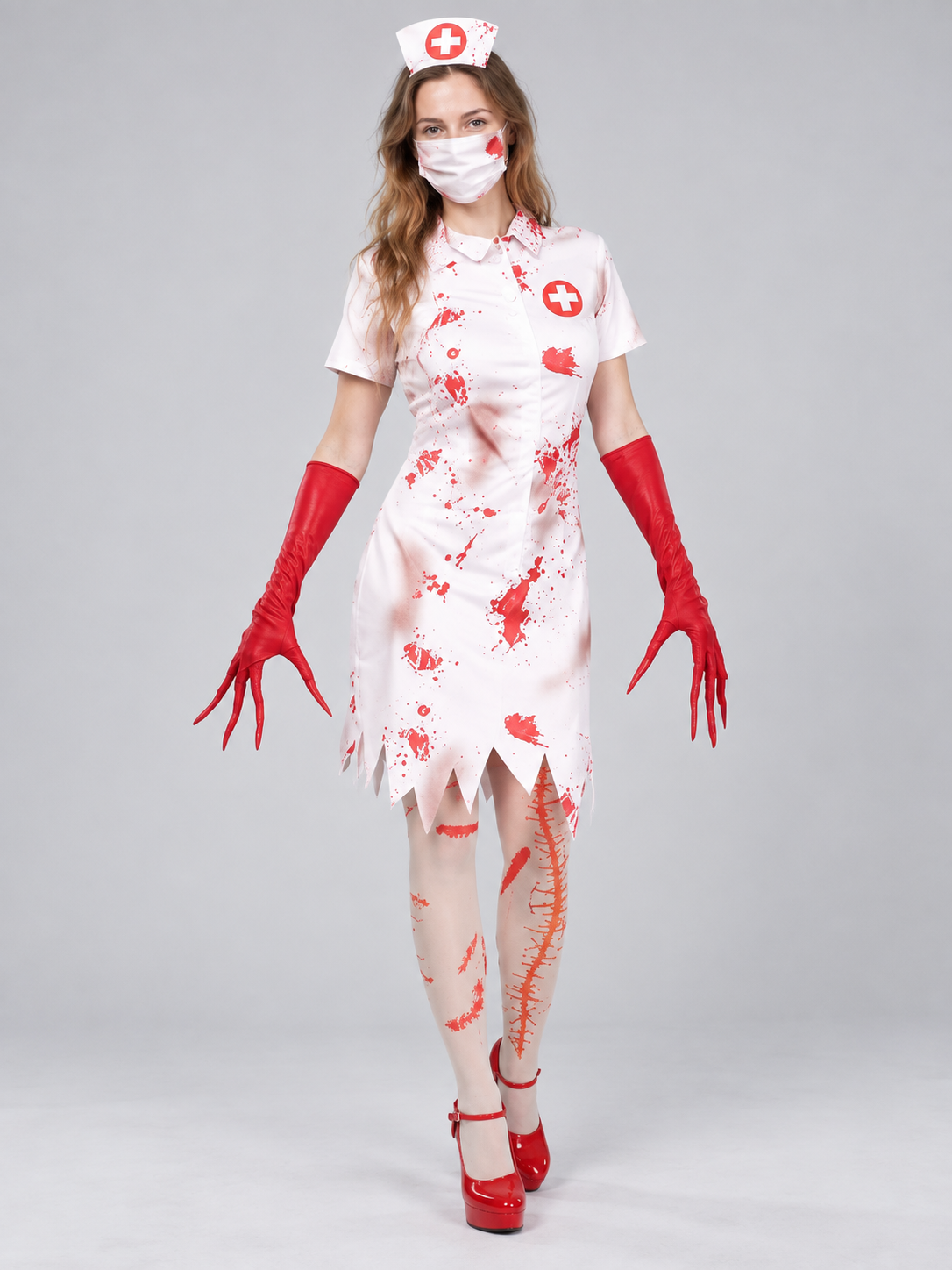 Halloween Nurse Costume with Cross, Mask, and Gloves