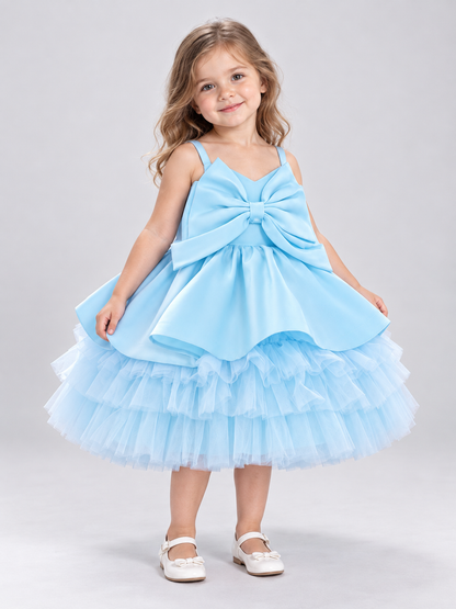 Blue children's holiday dress with a bow and a puffy skirt