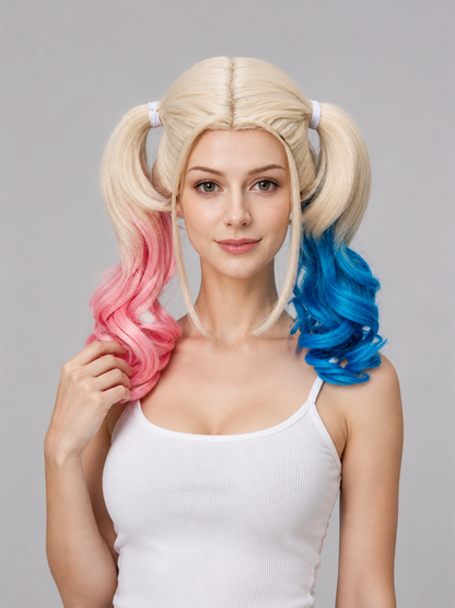Long Carnival Wig with Pink and Blue Ponytails Costume Wigs detail