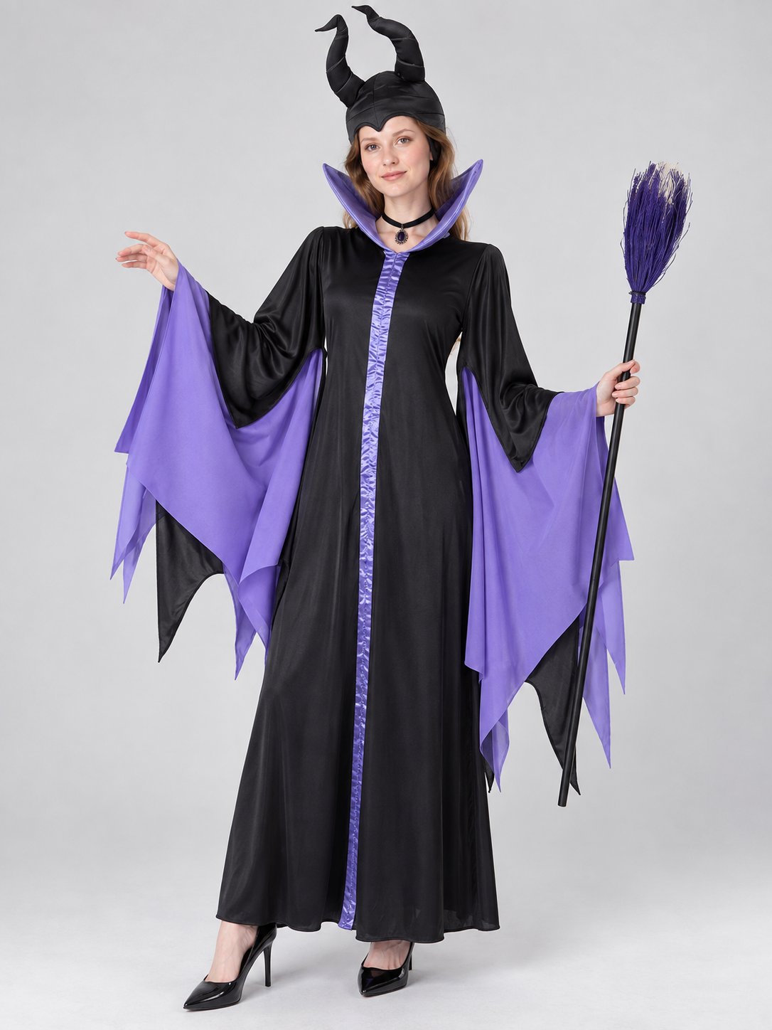 Vampire Halloween Costume with Horns and Broom