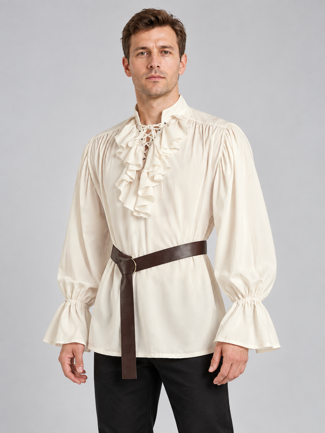Beige ruffled shirt with puffy sleeves and a belt