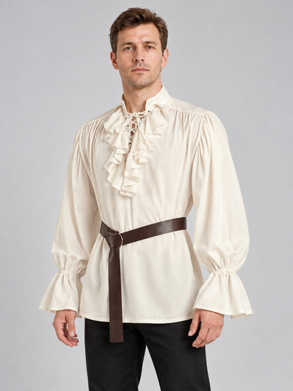 Beige ruffled shirt with puffy sleeves and a belt