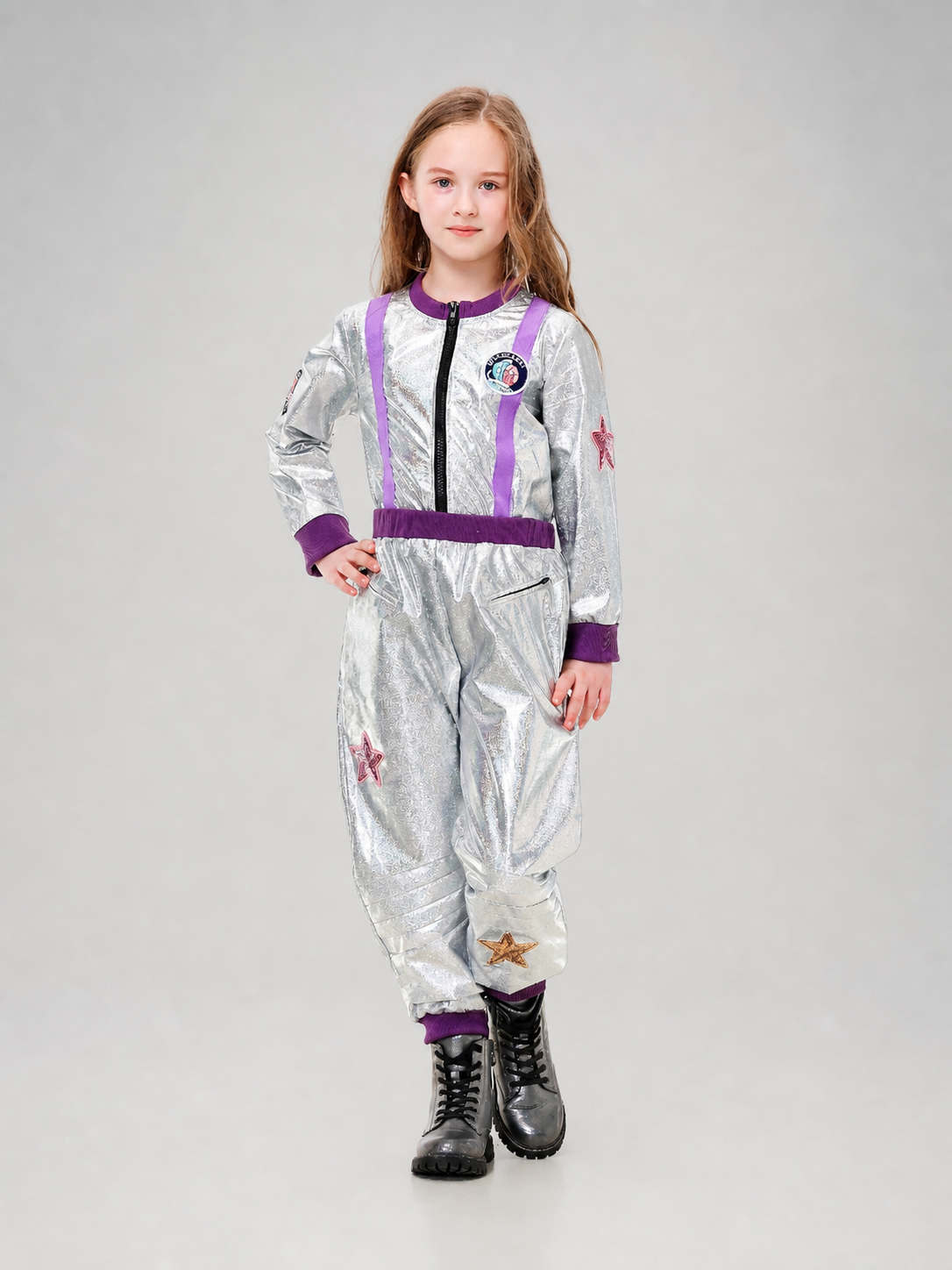 Silver Astronaut Costume with Purple Detailing