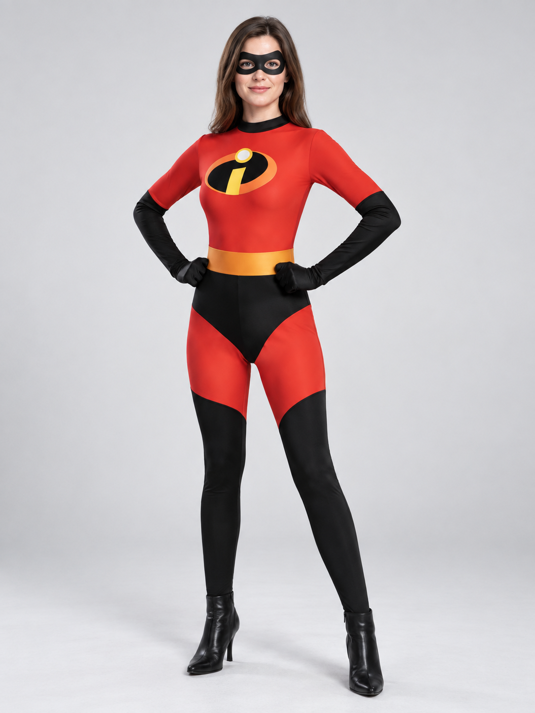 Red and black costume with mask, yellow belt, and emblem