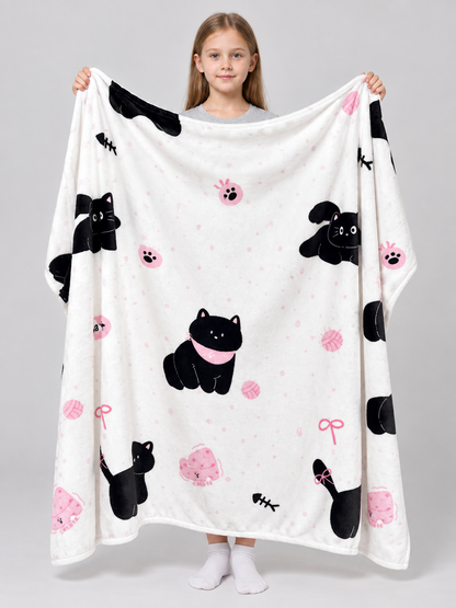 Reversible White Blanket with Cat and Bow Print