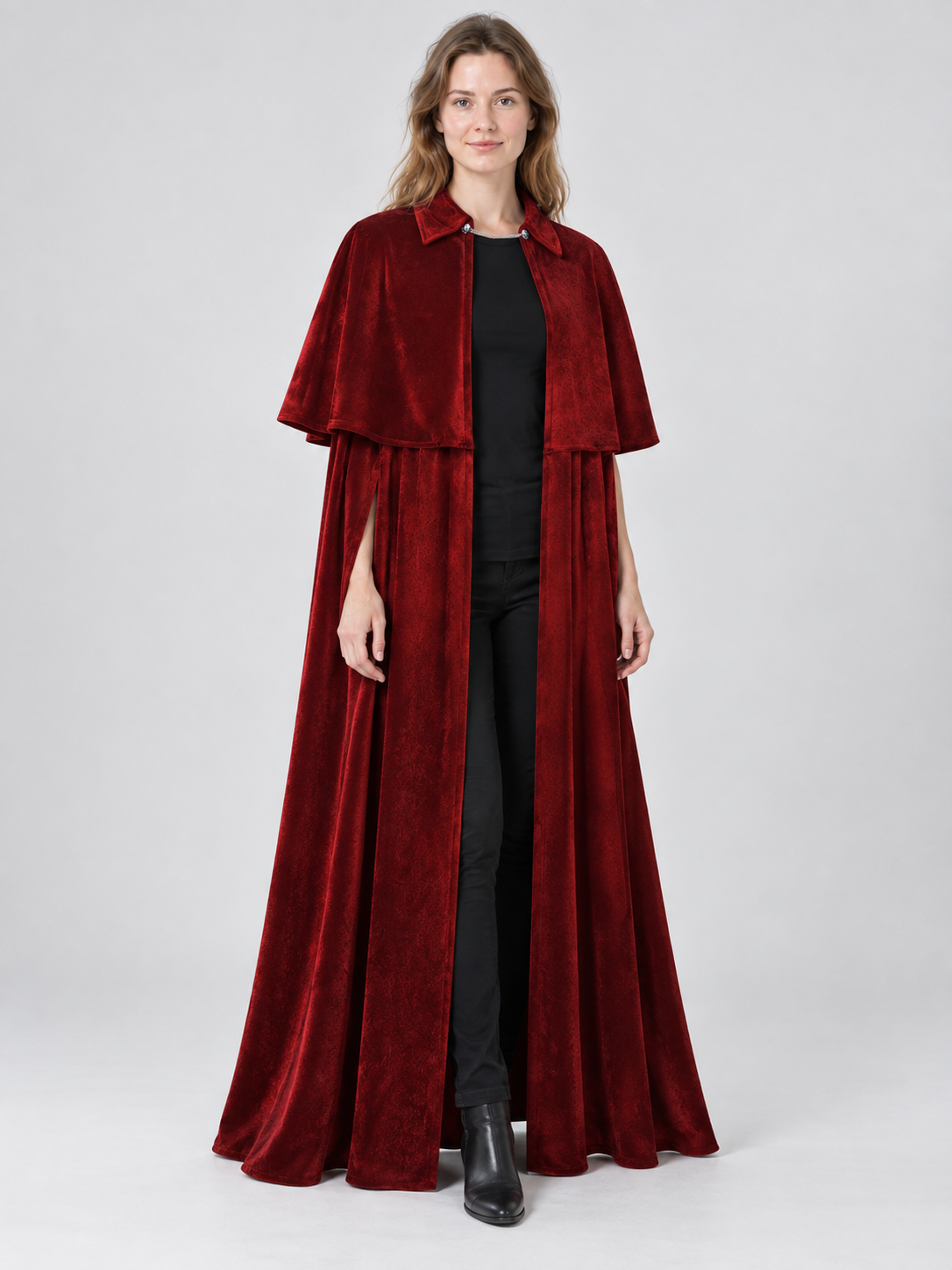 Burgundy Velvet Cloak with Capelet and Chain