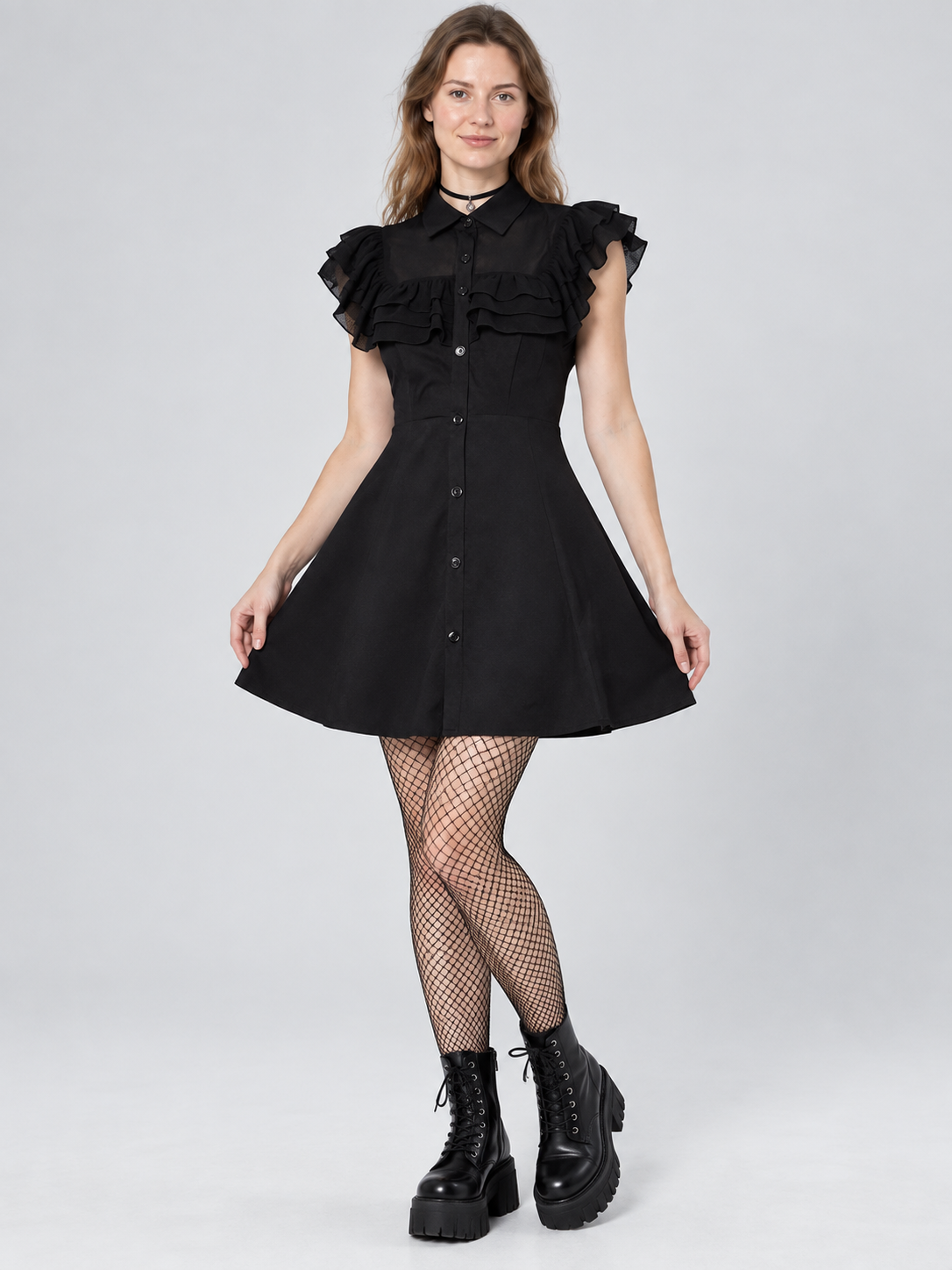 Gothic Black Short Dress with Collar and Ruffles