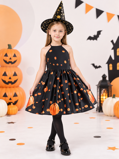 Kids' costume dress with pumpkin print and black hat