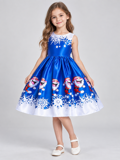 Blue Girls' Holiday Dress with Christmas Print Costume Dresses detail