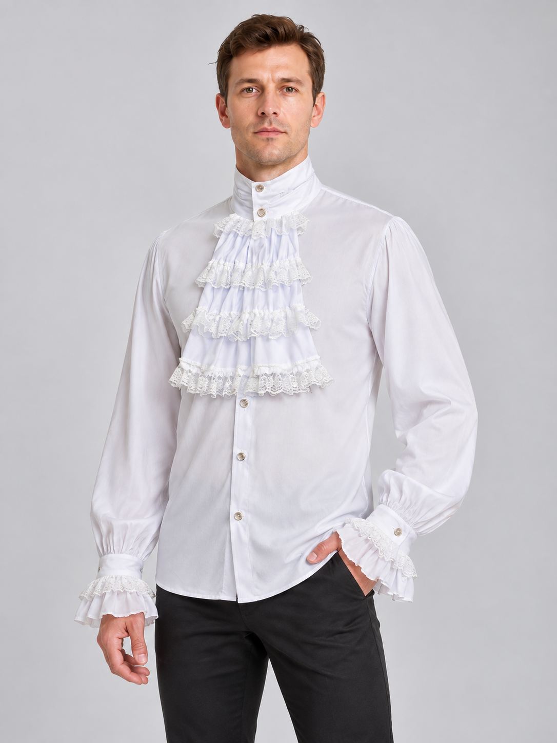 White Ruffled Jabot Shirt with High Collar and Frills