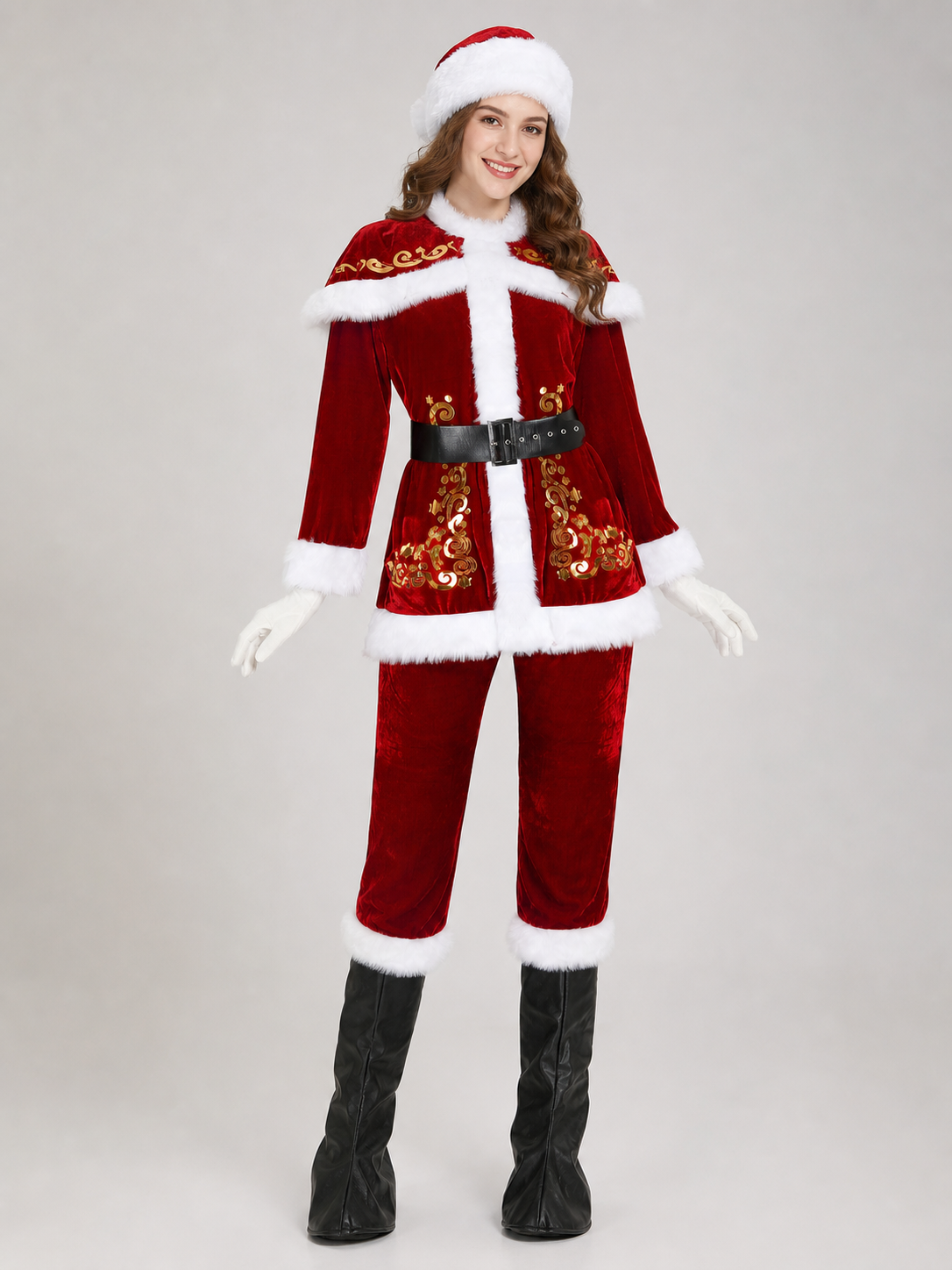 The costume is designed as Santa Claus and includes a top, pants, headwear, a wig with a curly white beard, a belt, gloves, and black boot-shaped shoe covers. It includes a red long-sleeve shirt and straight-leg red pants. White trim along 
