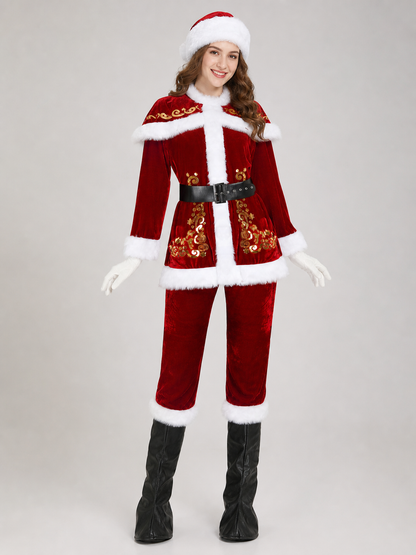 The costume is designed as Santa Claus and includes a top, pants, headwear, a wig with a curly white beard, a belt, gloves, and black boot-shaped shoe covers. It includes a red long-sleeve shirt and straight-leg red pants. White trim along 