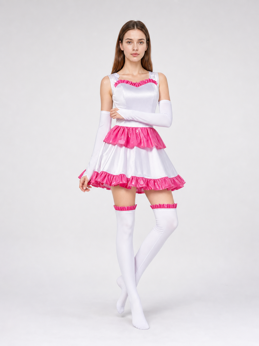 White Mima cosplay dress with pink ruffles and a bow