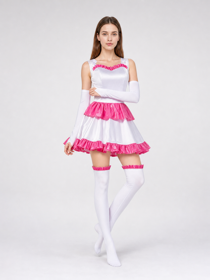 White Mima cosplay dress with pink ruffles and a bow