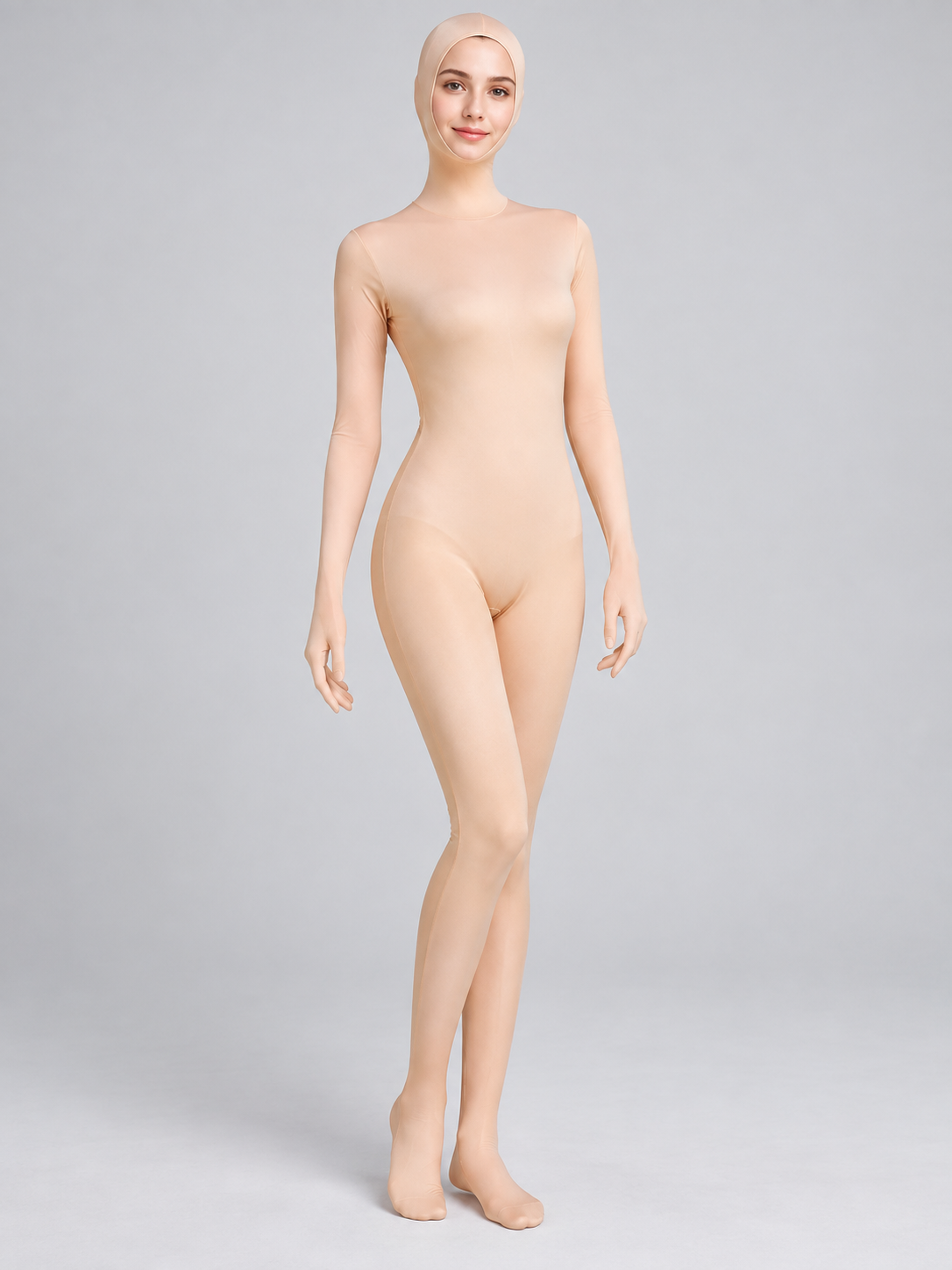 Nude Beige Zentai Suit with Hood and Zipper
