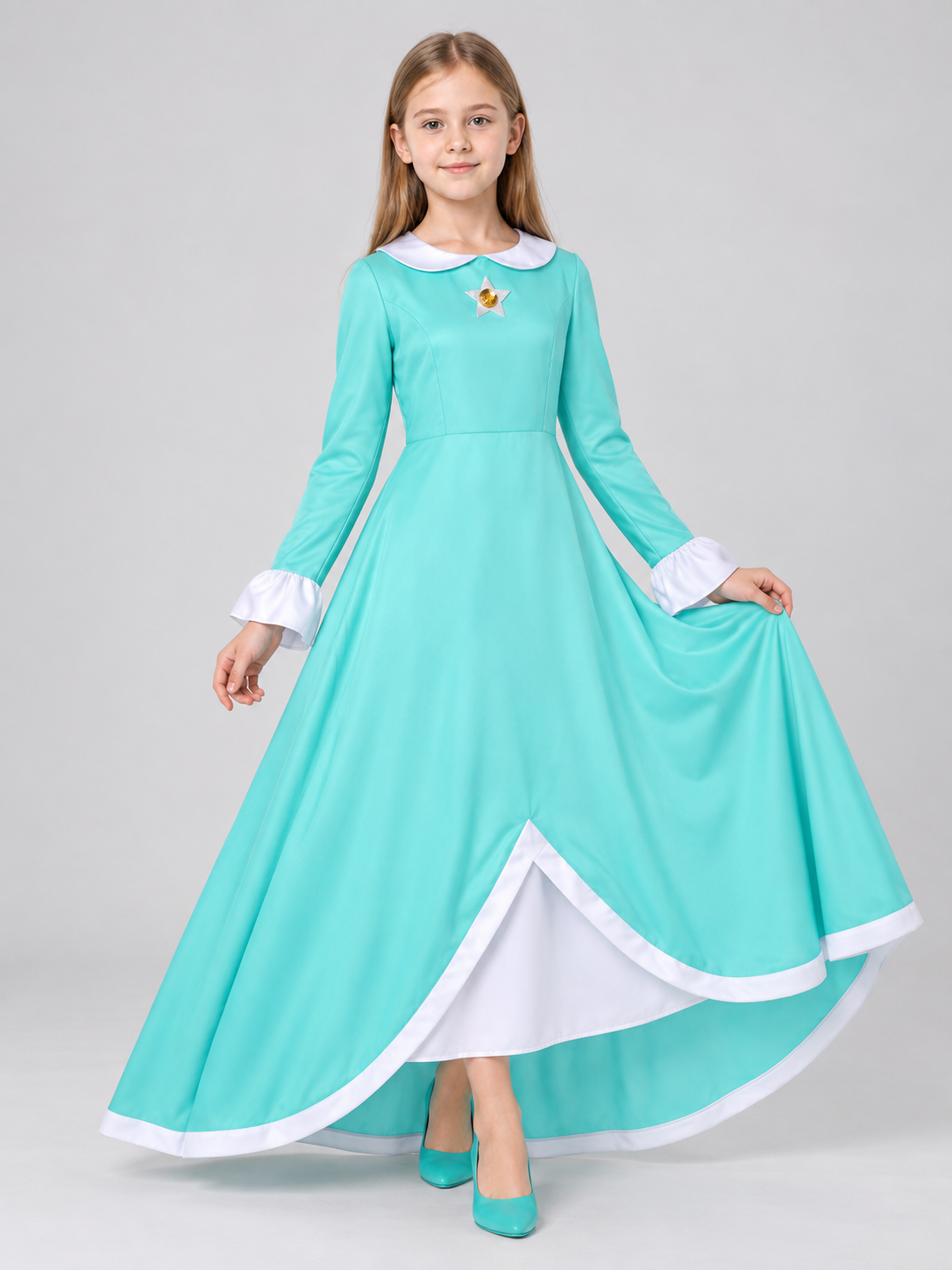 Turquoise Carnival Dress with Star Brooch Costume Dresses detail