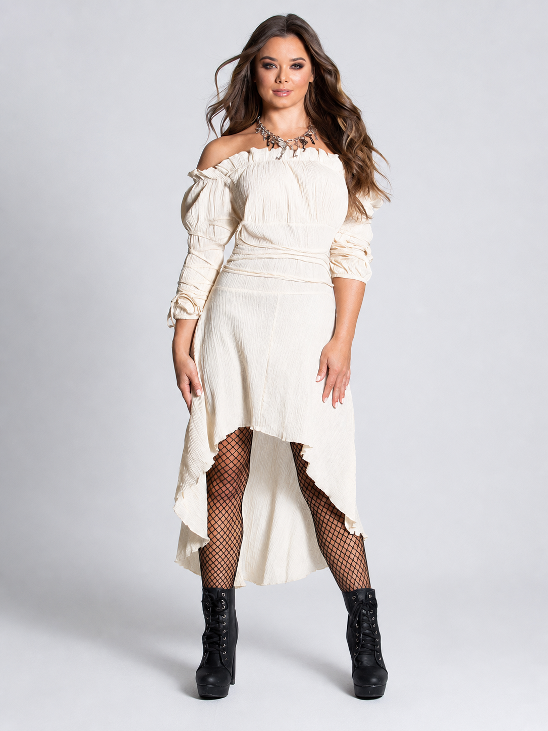 Long Off-the-Shoulder Dress with an Asymmetrical Hem