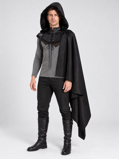 Black Medieval Hooded Cloak, with Fur, Lacing