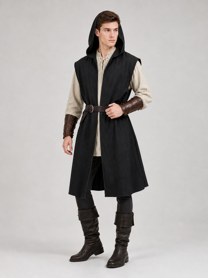 Long Sleeveless Hooded Vest, Black