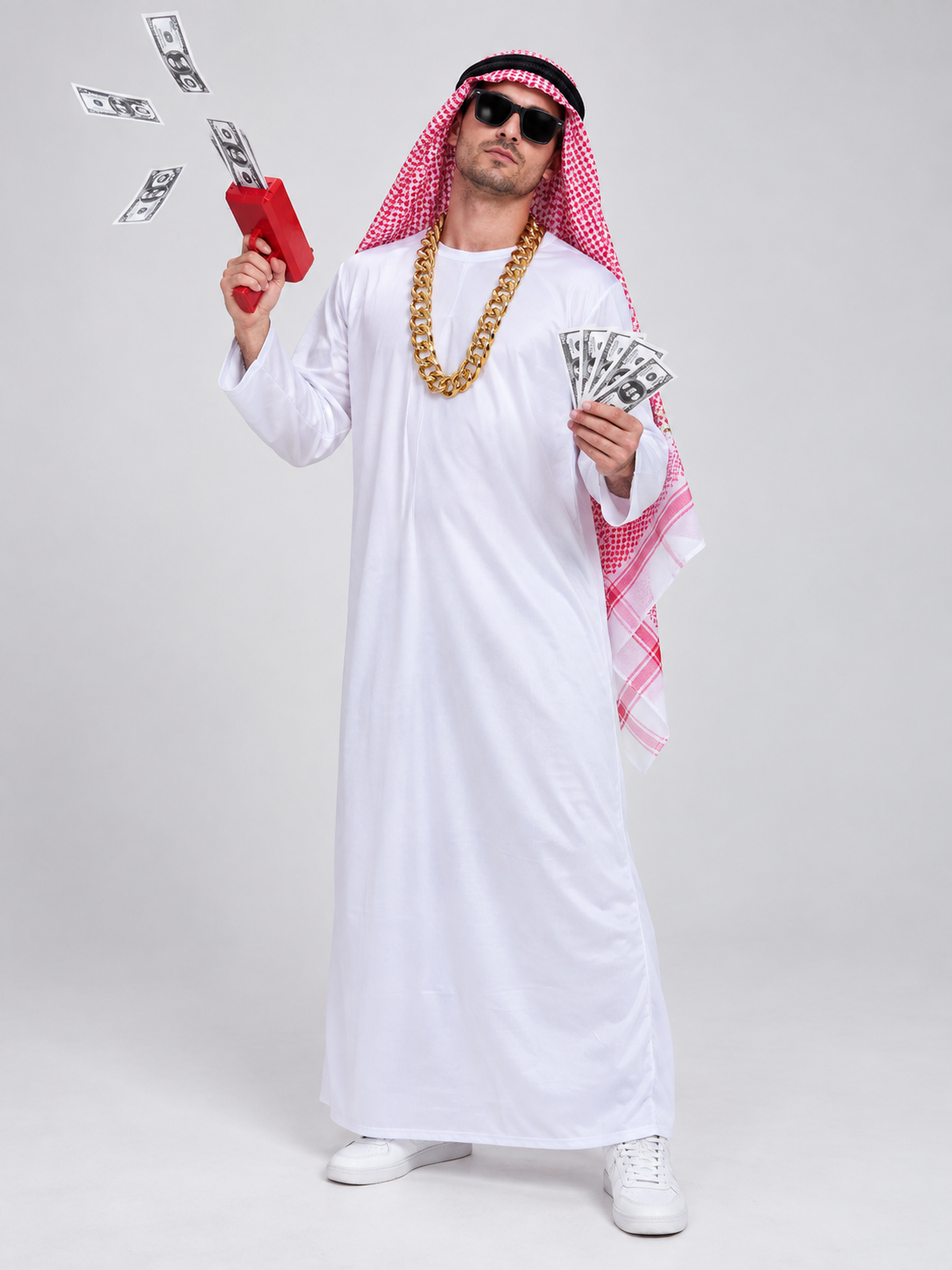 Carnival Costume with White Robe and Plaid Scarf