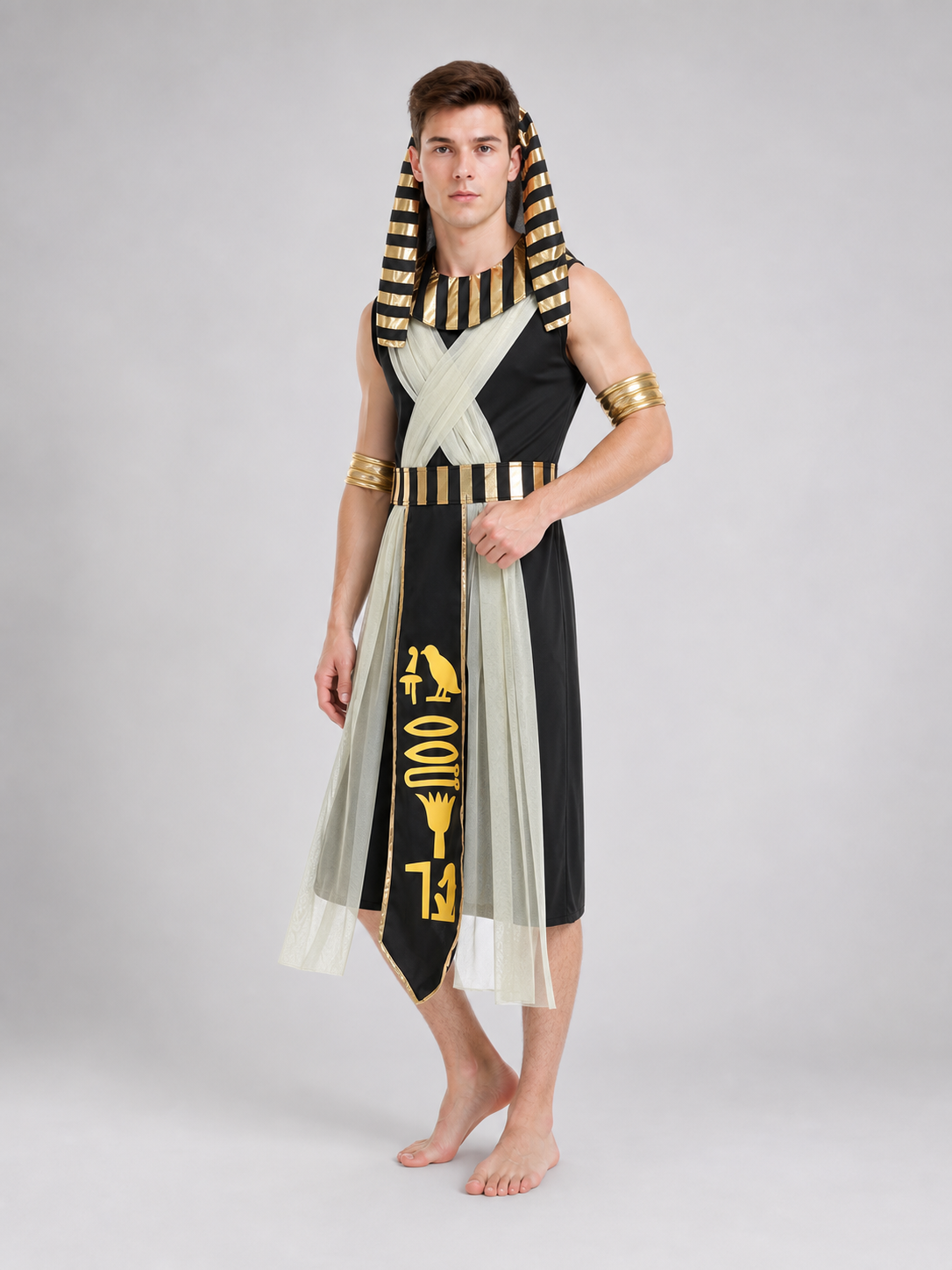 Men’s Egyptian Pharaoh Halloween Costume Set, 4-Piece Role Play Outfit with Headpiece, Neck Ornament and Belt for Cosplay Stage Performance
