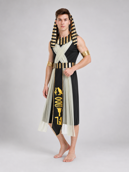 Men’s Egyptian Pharaoh Halloween Costume Set, 4-Piece Role Play Outfit with Headpiece, Neck Ornament and Belt for Cosplay Stage Performance