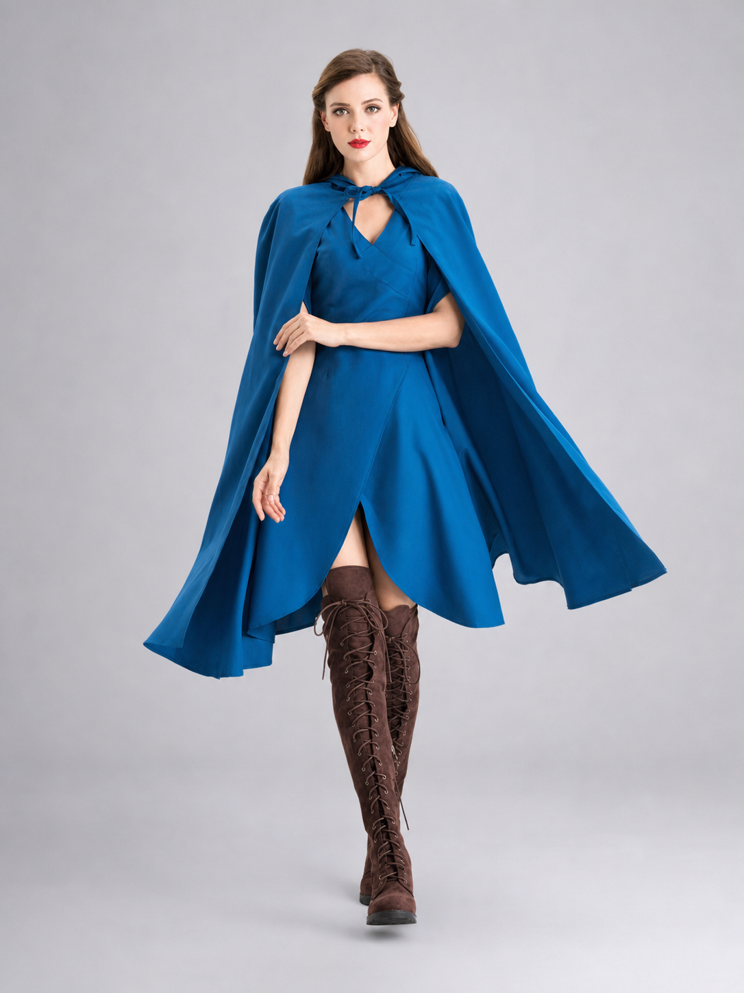 Vampire Costume with a Long Blue Dress and Cape