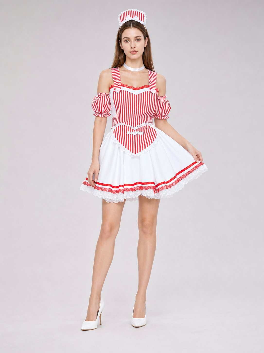 Cosplay costume dress with a striped bodice