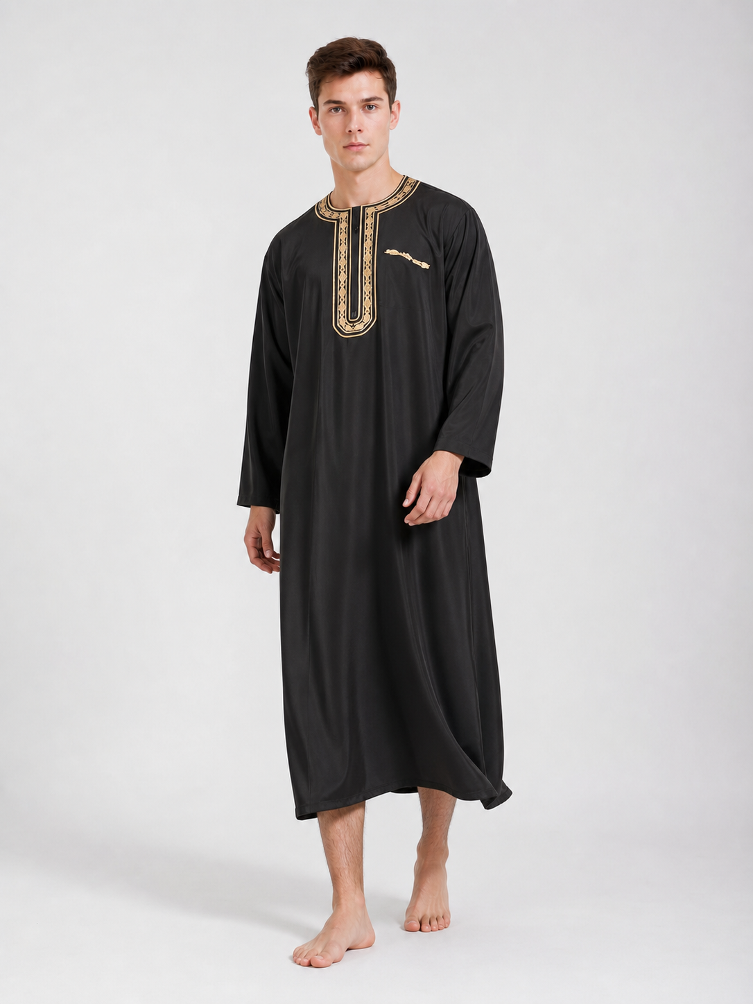 Long Black Abaya with Gold Collar Trim