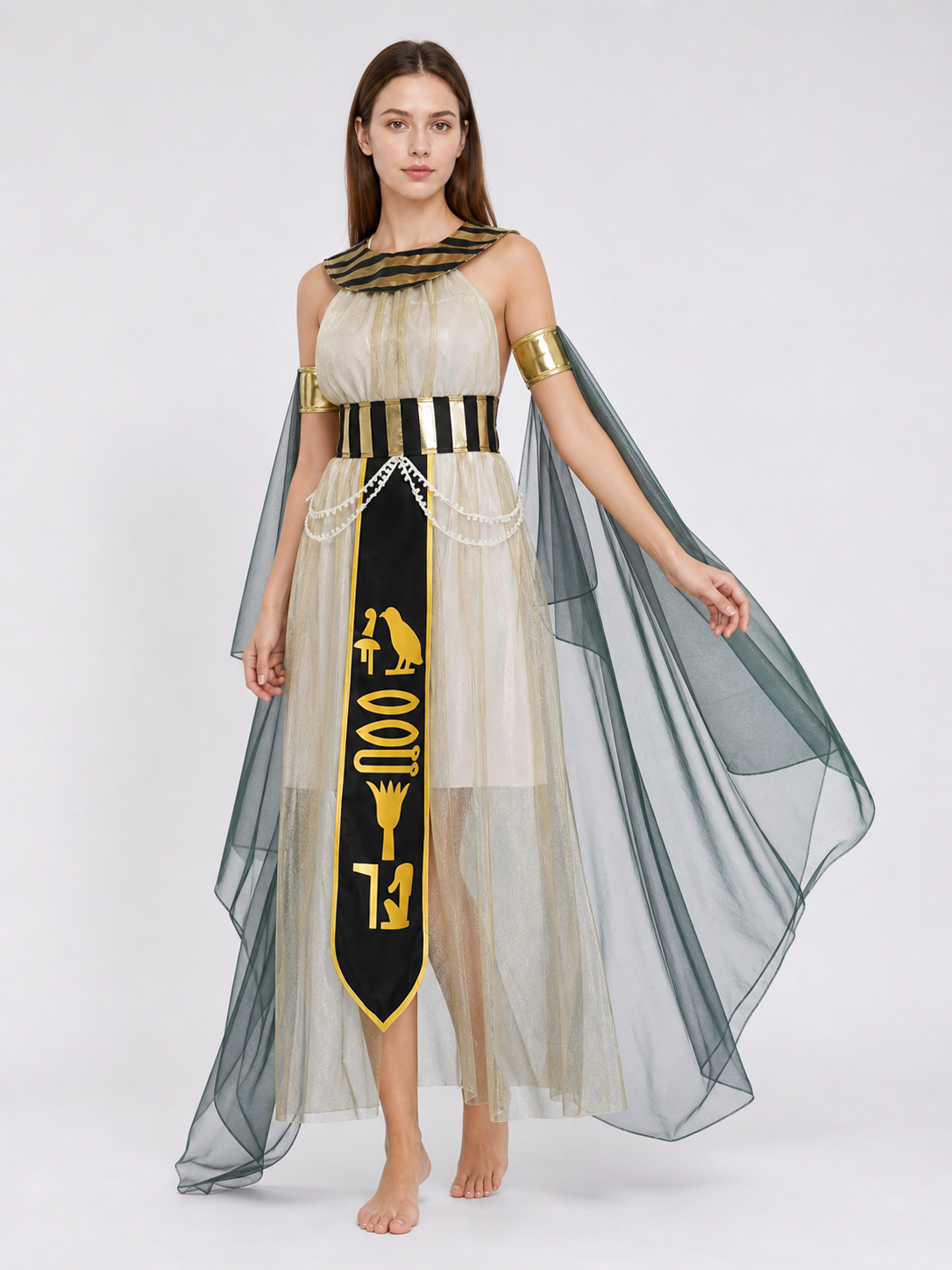 Women’s Egyptian Pharaoh Queen Halloween Cosplay Dress Set with Headpiece, Belt, Arm Accessories and Draped Sleeves for Stage Performance