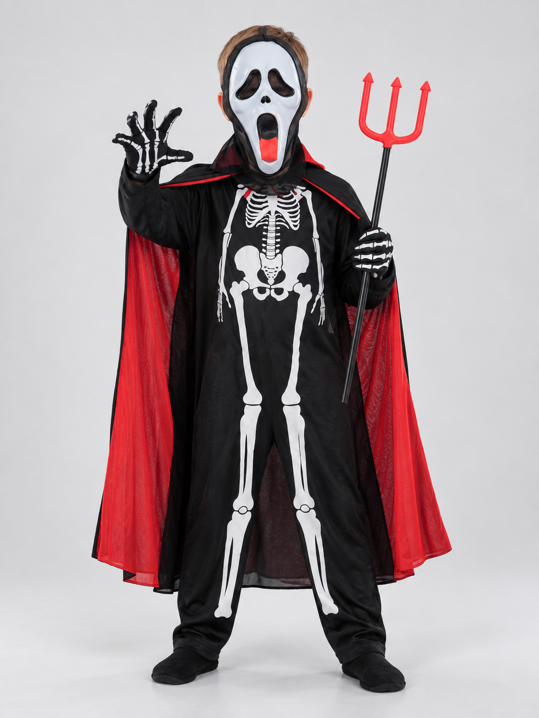Skeleton Carnival Costume with Mask, Cape, and Trident