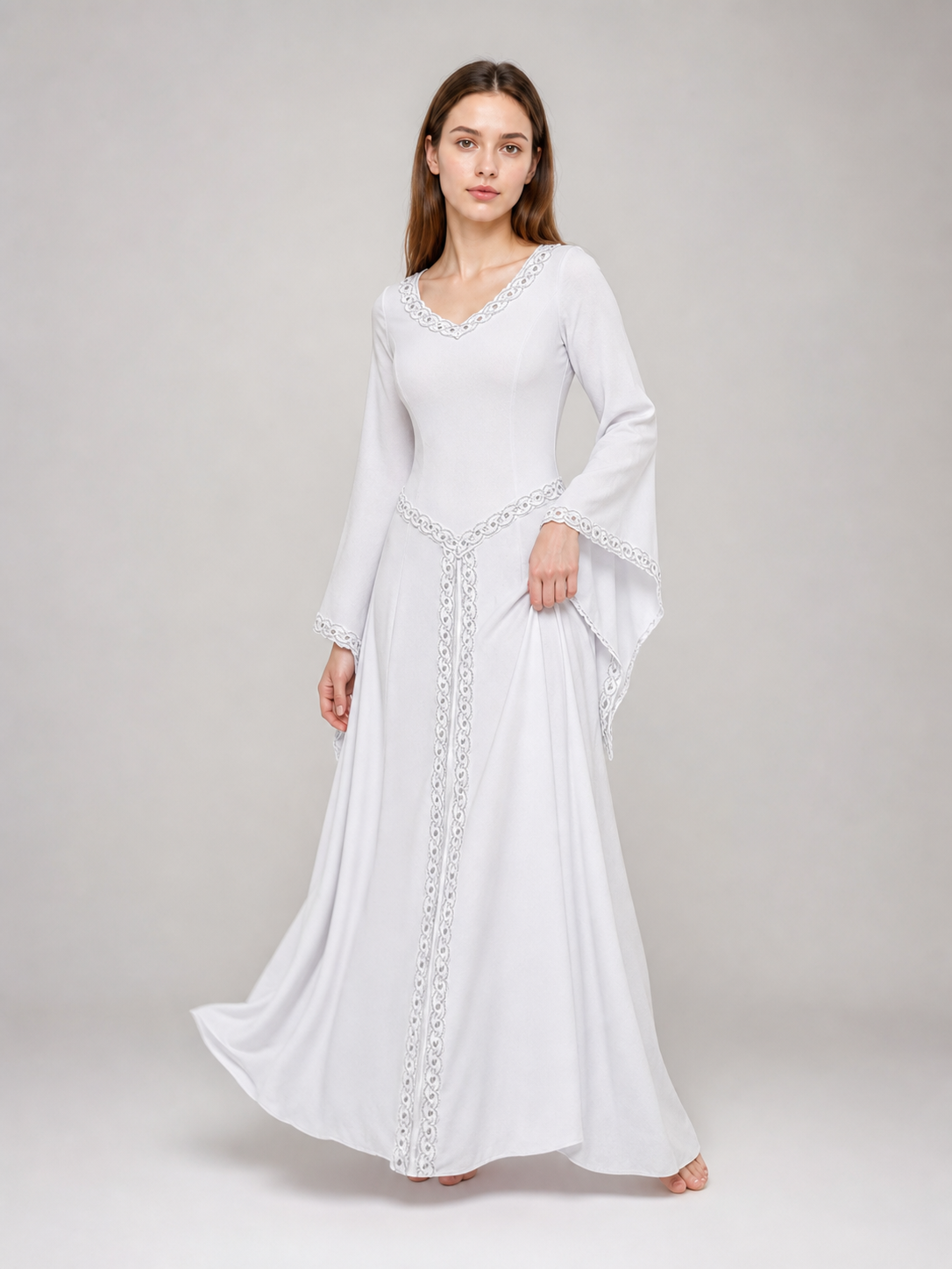 White Maxi Dress with Embroidery and Flared Sleeves
