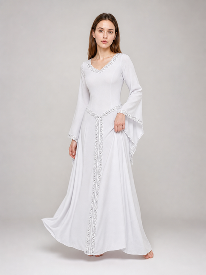 White Maxi Dress with Embroidery and Flared Sleeves