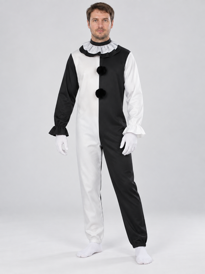 Black and White Clown Costume with Ruffles and Pom-Poms, 3 Pieces