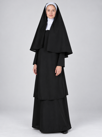 Nun Costume with Black Veil and White Headpiece