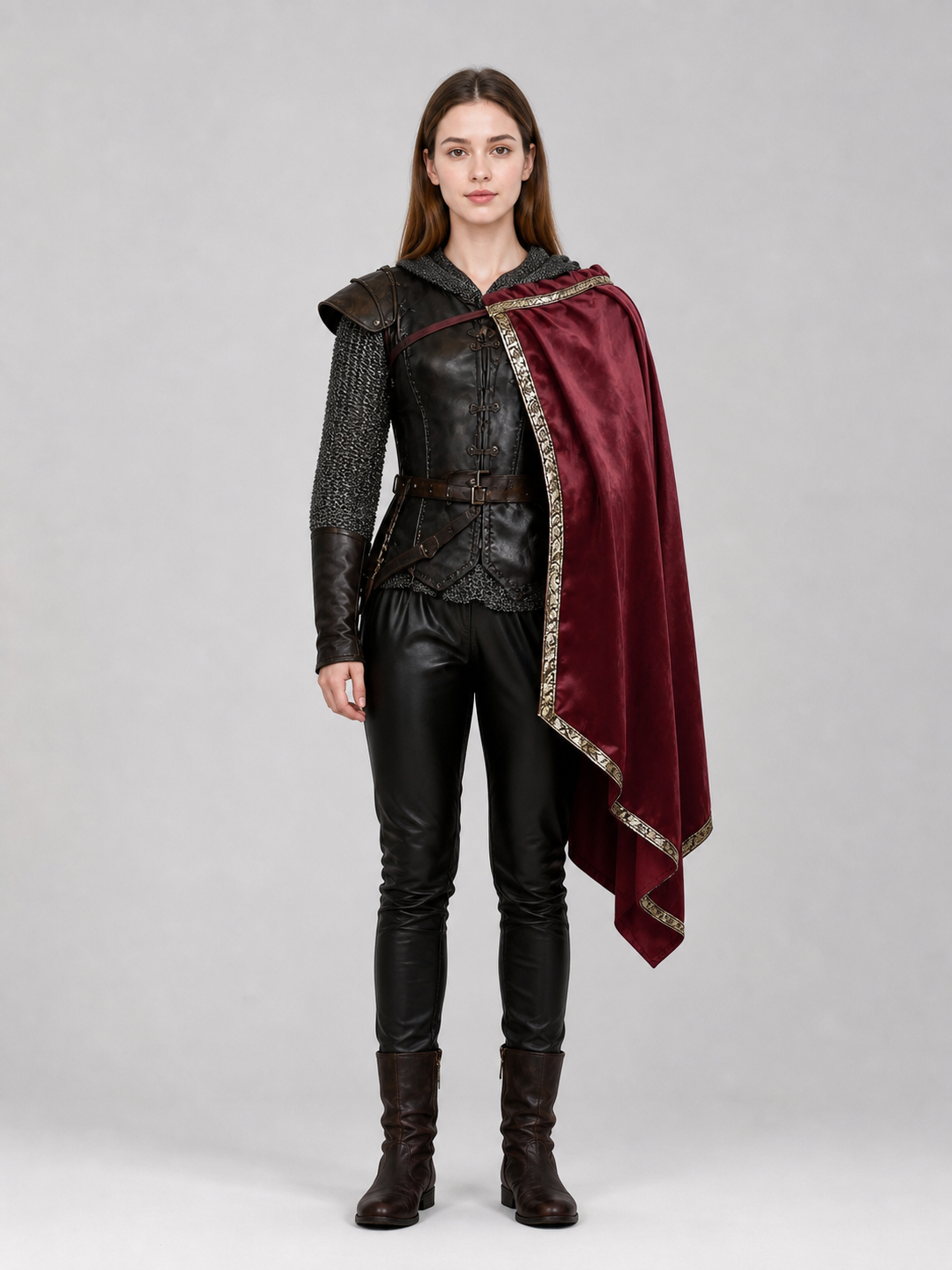 Burgundy velvet-look hooded costume cape product view 34