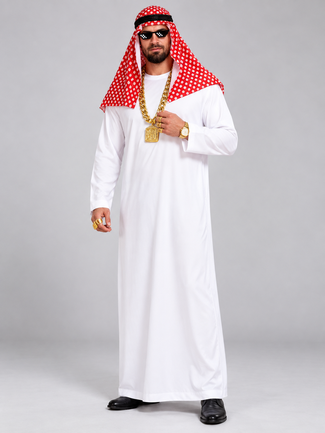 White clothing set with red scarf and chain