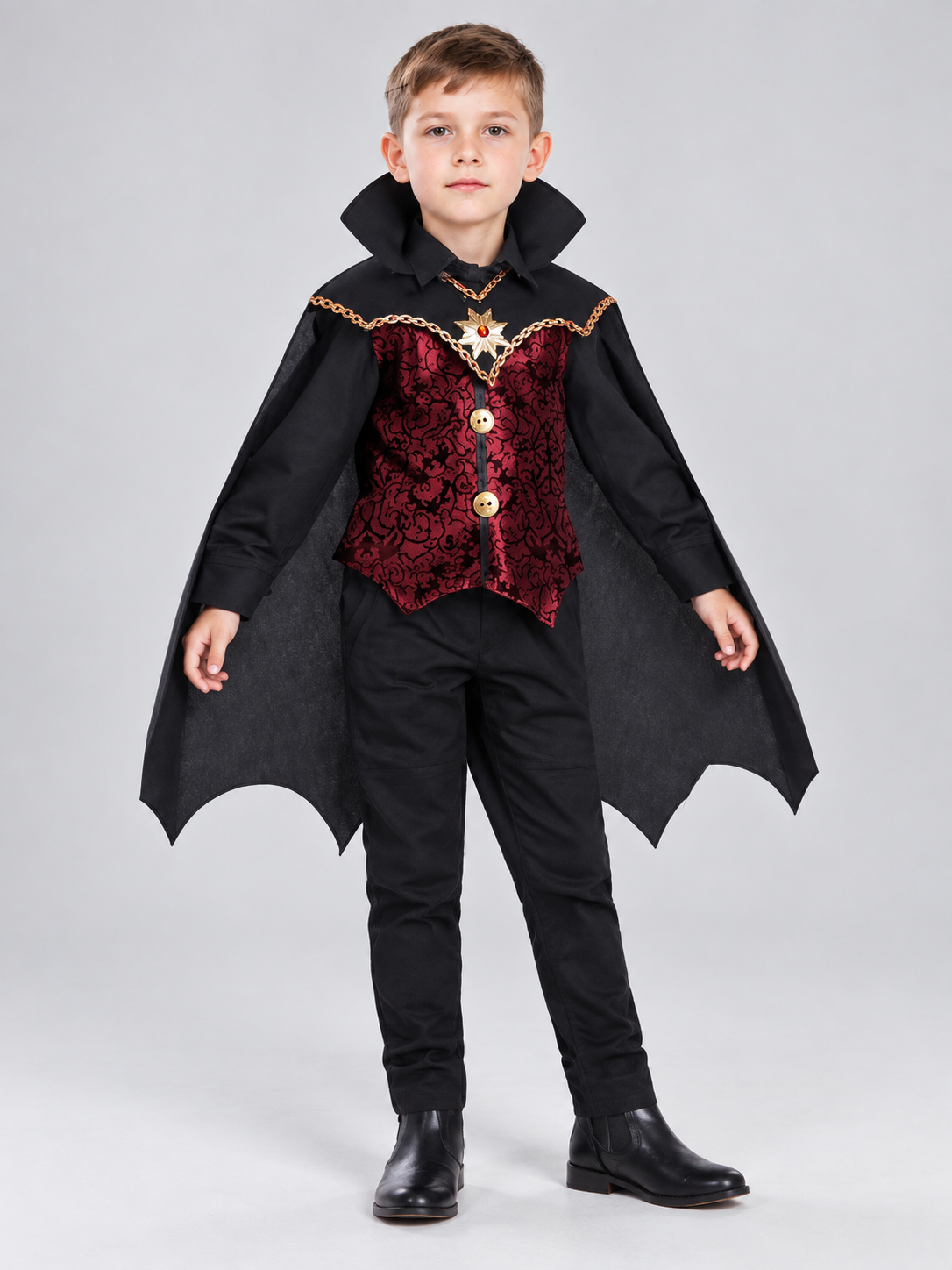Kids' vampire carnival costume, burgundy vest, cape