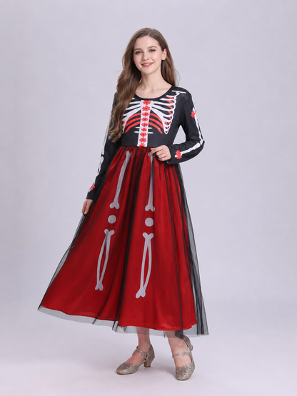 Halloween cosplay dress with a skeleton print