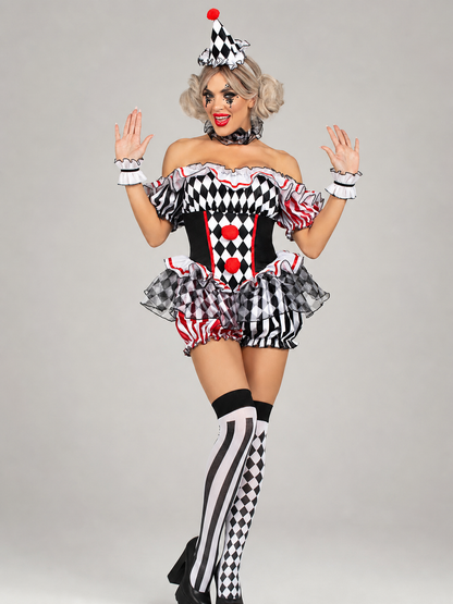 Clown Cosplay Costume with Ruffles and Pom-Poms