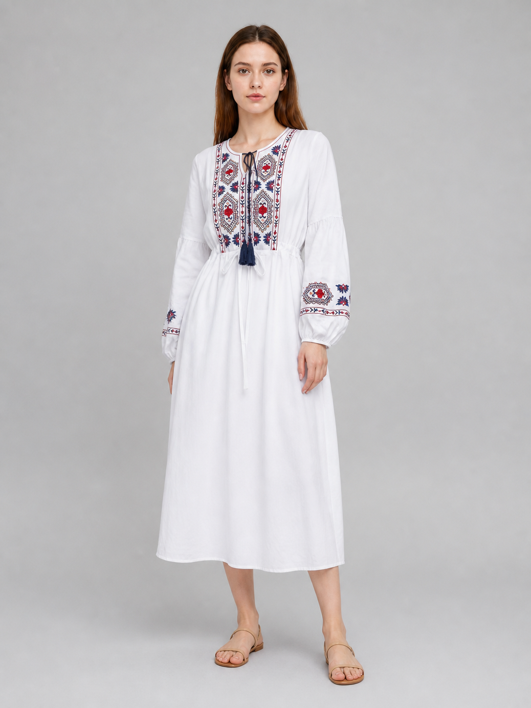 Midi Dress with Ethnic Embroidery and Tassel Costume Dresses detail