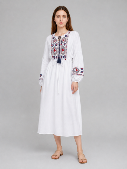 Midi Dress with Ethnic Embroidery and Tassel Costume Dresses detail