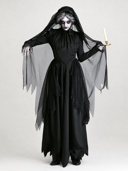 Gothic Hooded Dress with Torn Draped Panels