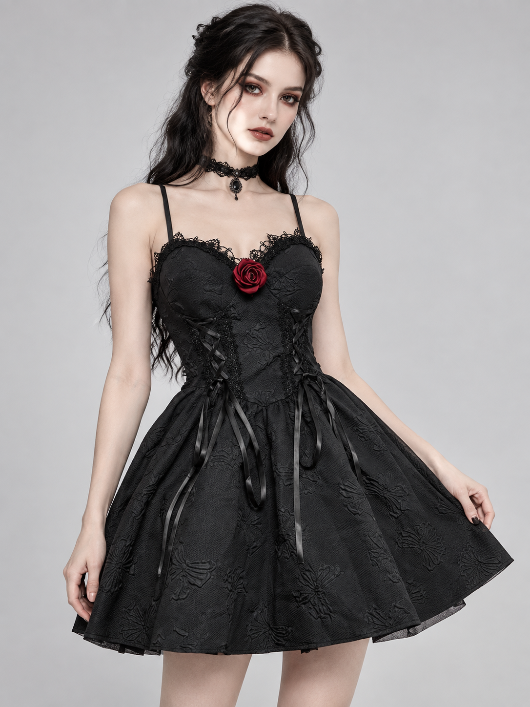 Gothic Black Short Dress with Red Rose