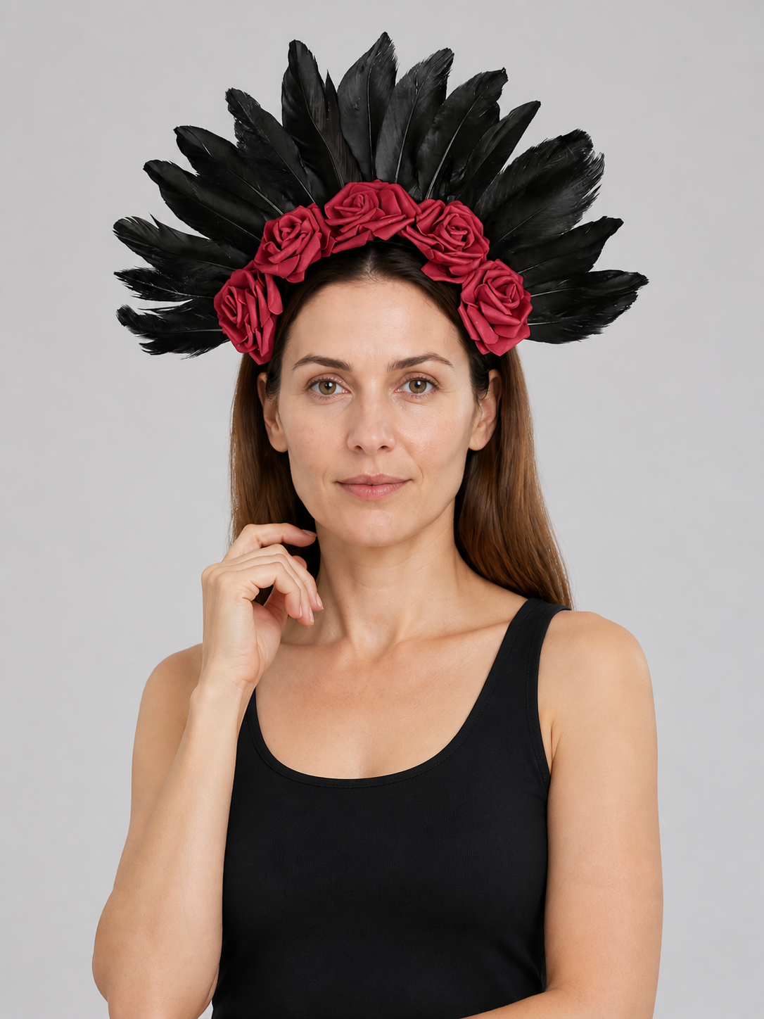 Carnival Headband with a Red Rose and Black Feathers Costume Headwear detail