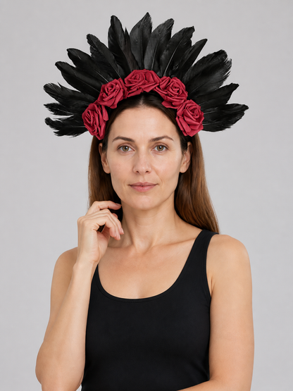Carnival Headband with a Red Rose and Black Feathers Costume Headwear detail