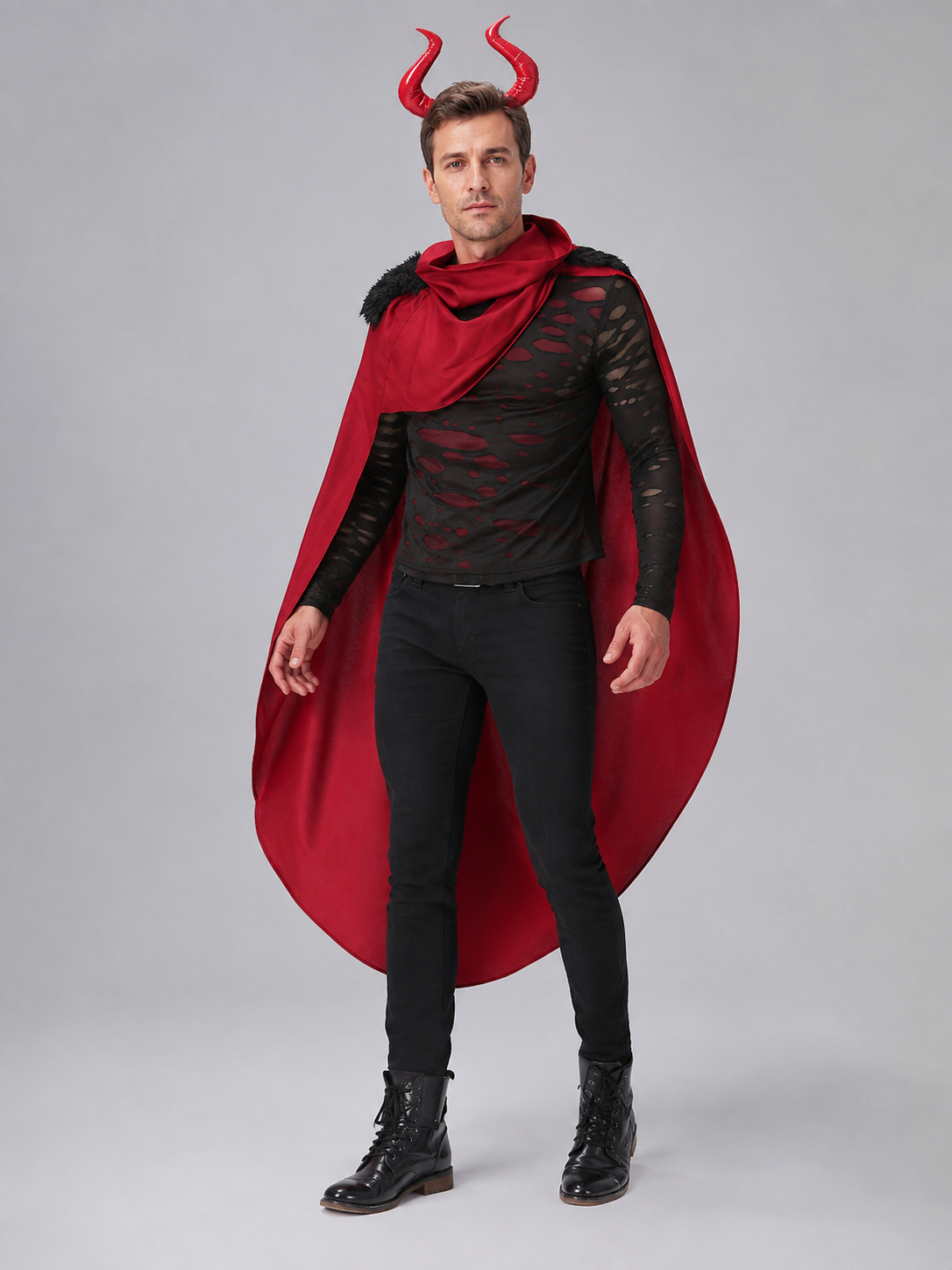 Demon Costume with Red Cape and Horns Costume Capes detail