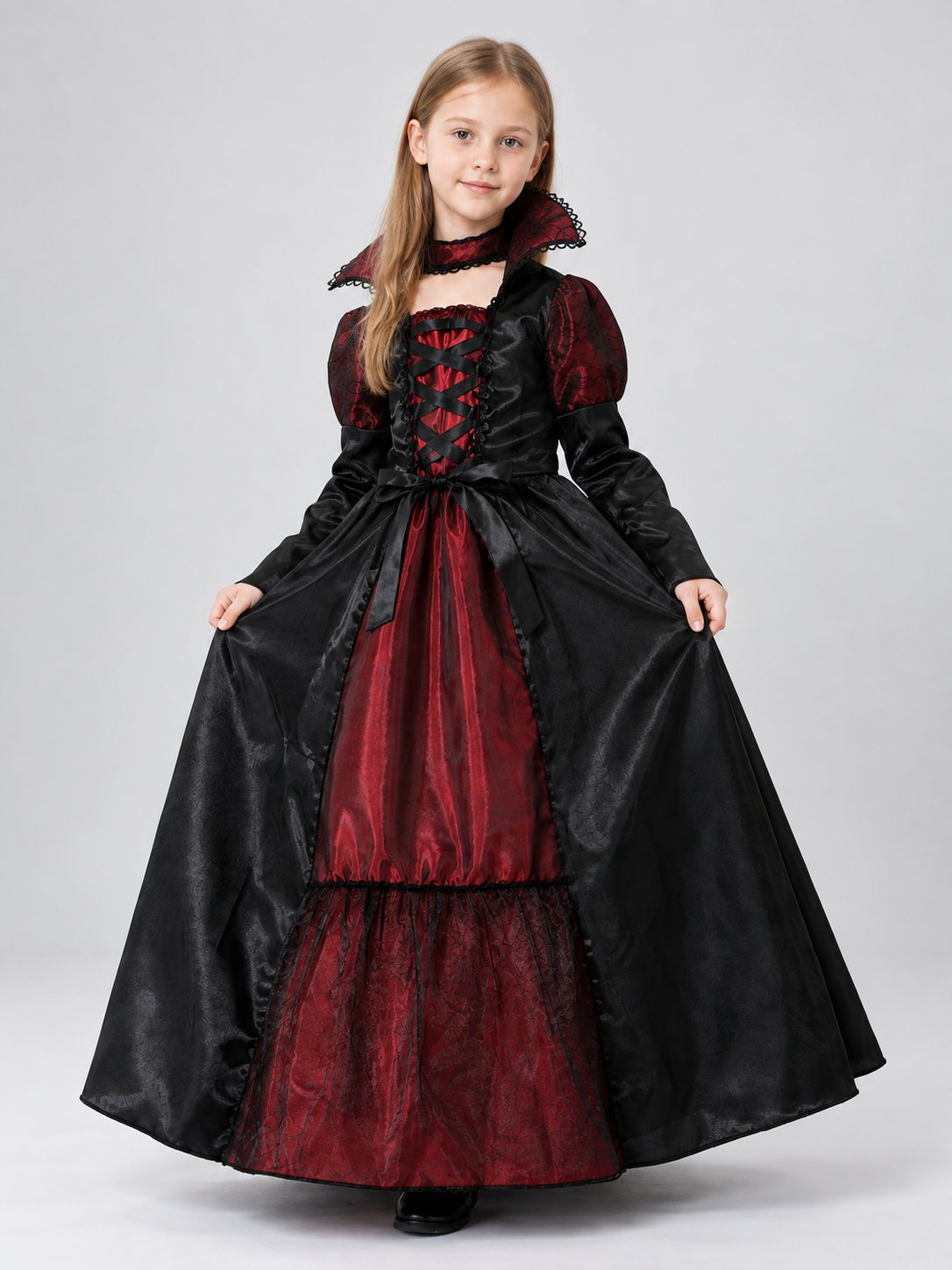 Kids' carnival costume with a puffy skirt, black and burgundy